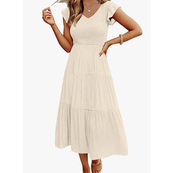 #5NWT Merokeety Light Beige Midi Dress Smocked Top Flutter Sleeves Size XL - Picture 1 of 3